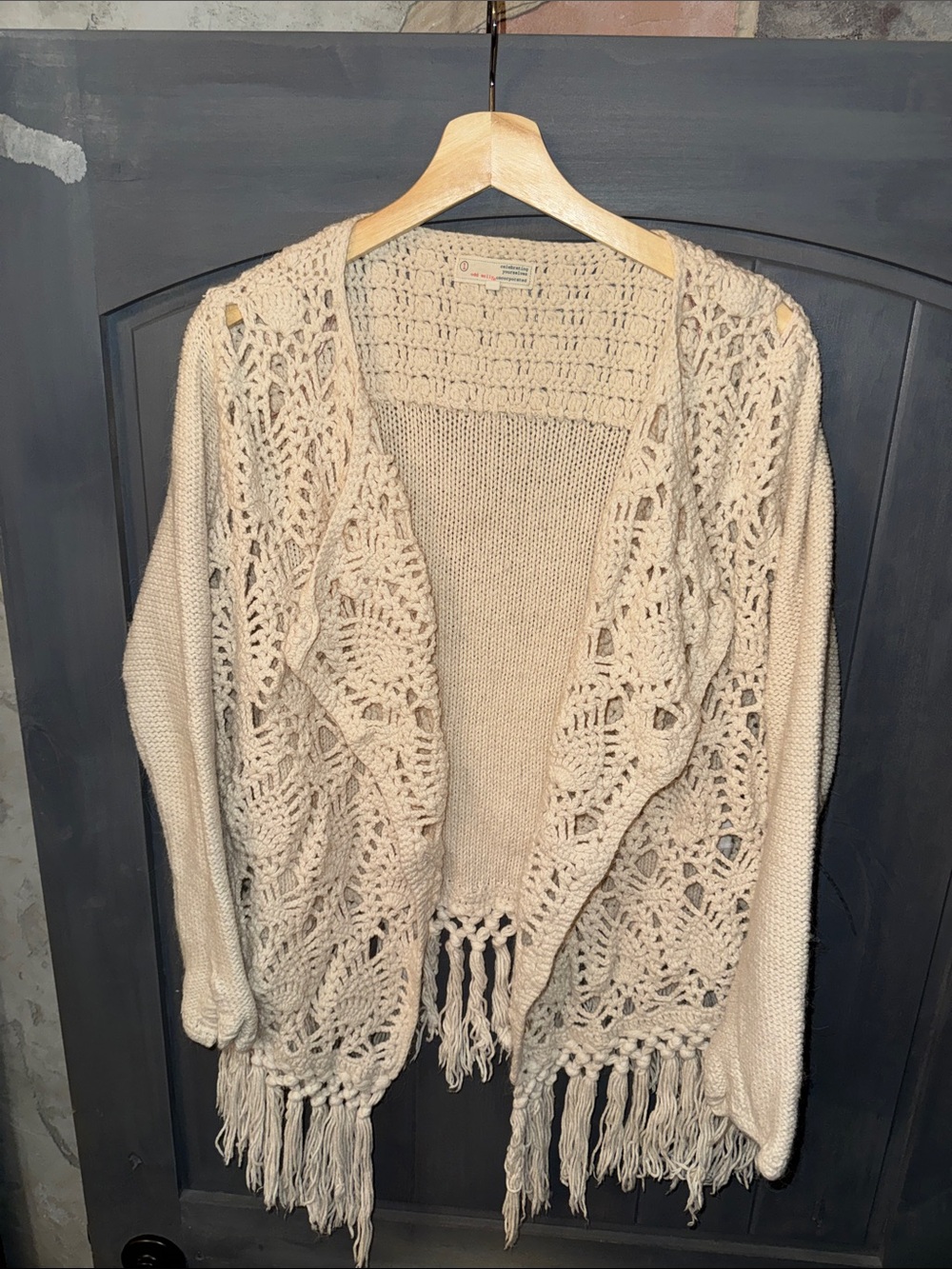 Alpaca & Cotton Anthropologie Boho Open-Front Crochet Cardigan Sweater in Cream